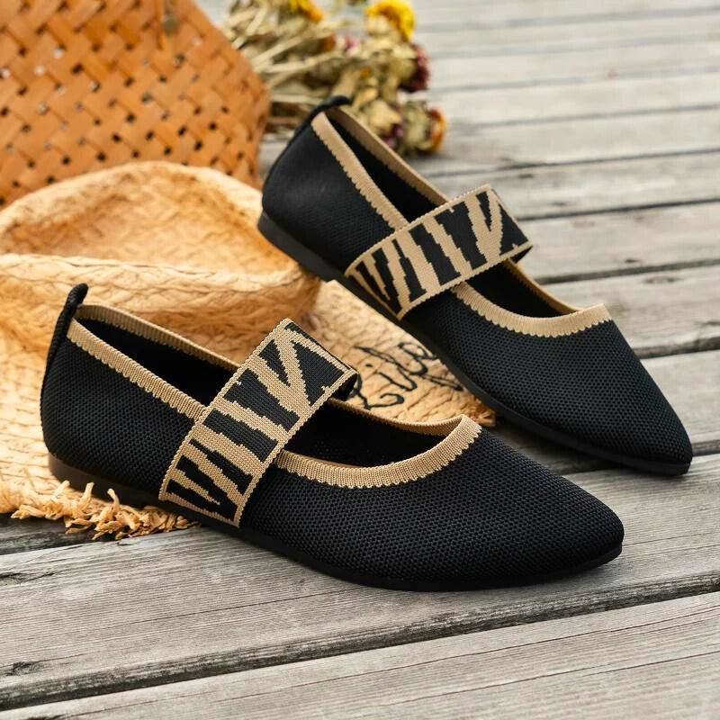 Women's Mary Jane Flats with Checkered Elastic Strap