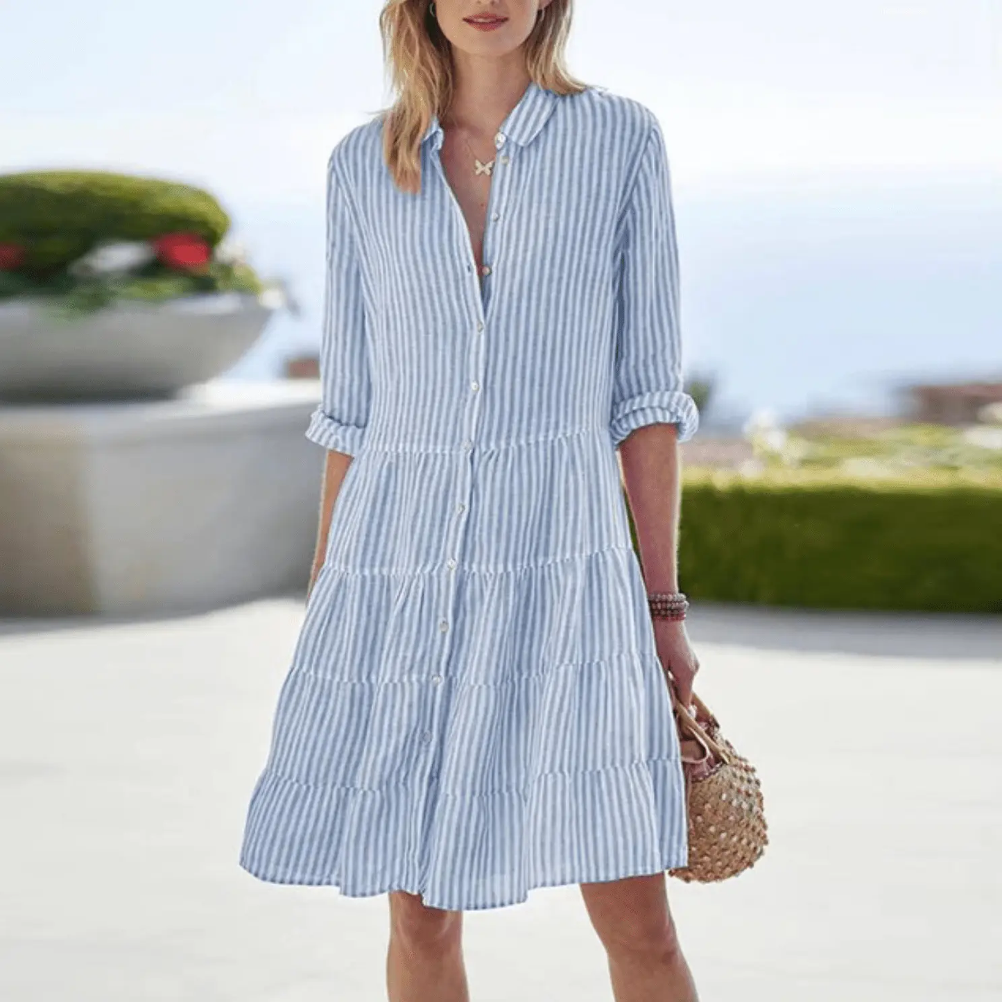 Women¡¯s Tiered Shirt Dress with Vertical Stripes and Adjustable Roll-Tab Sleeves