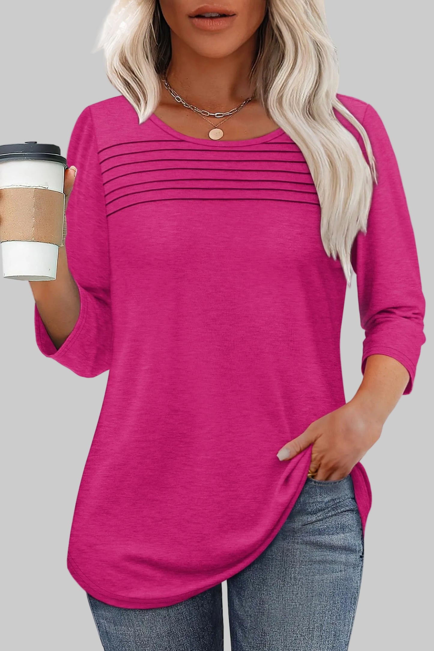 Women's Tunic Top Horizontal Pleated Chest 3/4 Sleeve Crew Neck Blouse