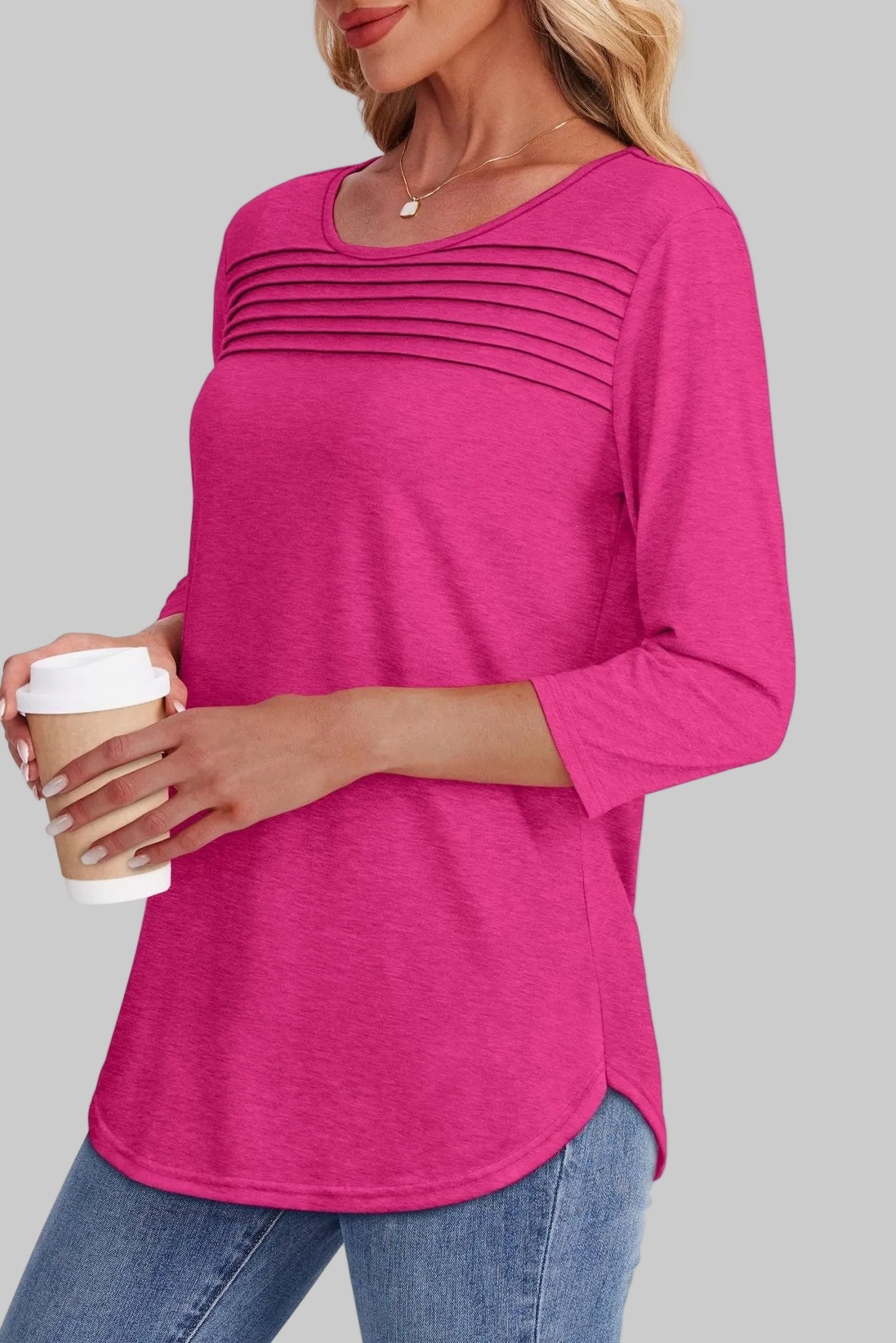 Women's Tunic Top Horizontal Pleated Chest 3/4 Sleeve Crew Neck Blouse