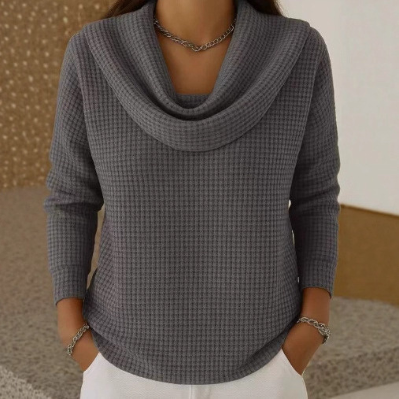 Women's Waffle-Knit Cowl Neck Long Sleeve Top