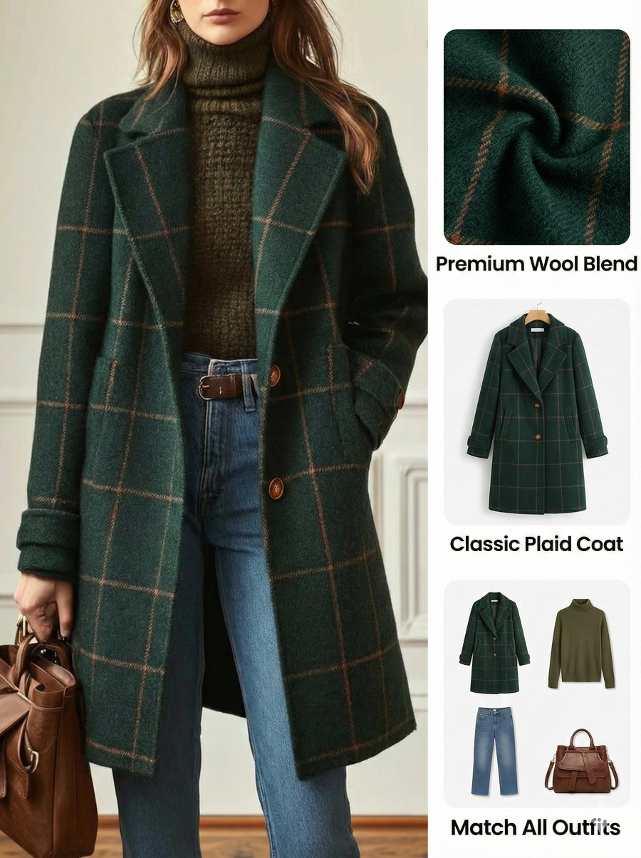 Green plaid coat worn by a person, with fabric close-up and outfit details shown.