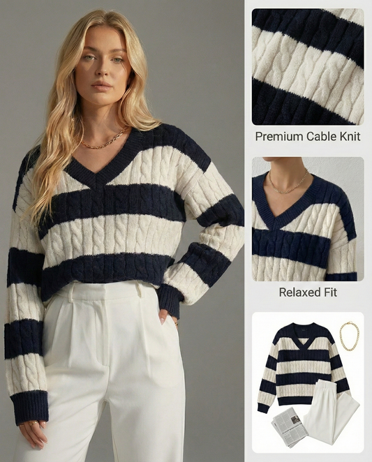 Ceylan Women's Sweater Cropped Striped Cable Knit V-Neck