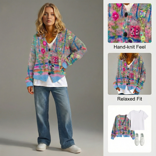 Ceylan Women's Floral Embroidered Chunky Knit Cardigan