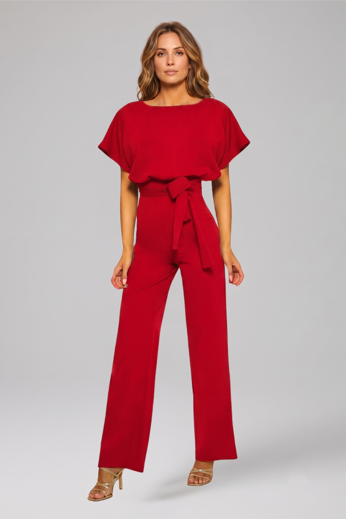 Women's Wide Leg Jumpsuit with Flutter Sleeves and Waist Tie Belt