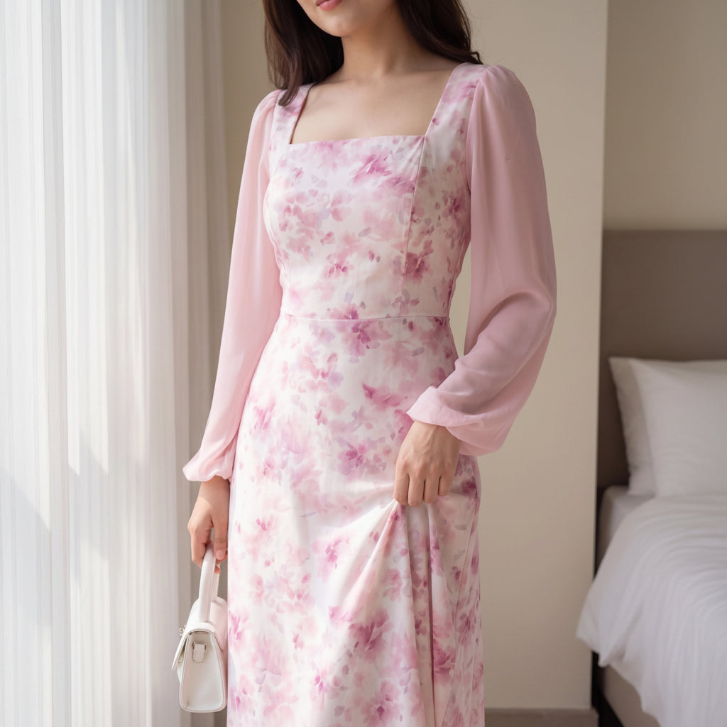 Women’s Midi Dress Square Neck Long Sleeve Floral Chiffon Gown