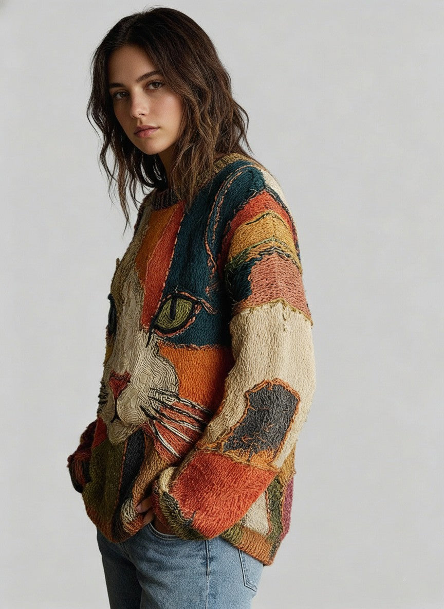 Women's Artistic Cat Face Knit Sweater