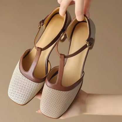 Women's Square Toe Mid-Heel Shoes with Adjustable T-Strap for All-Day Comfort