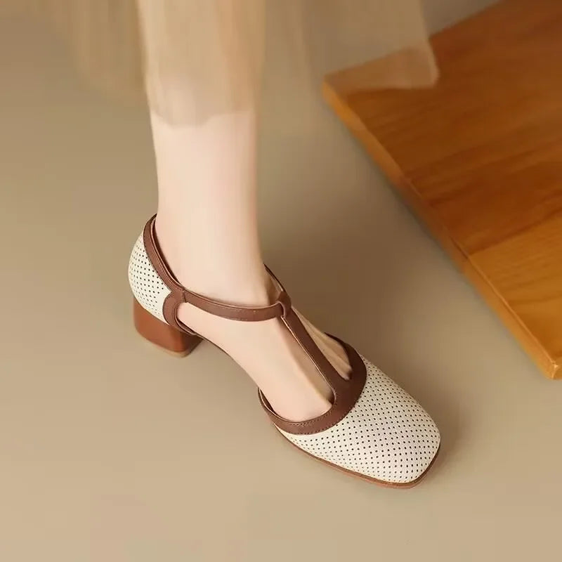 Women's Square Toe Mid-Heel Shoes with Adjustable T-Strap for All-Day Comfort