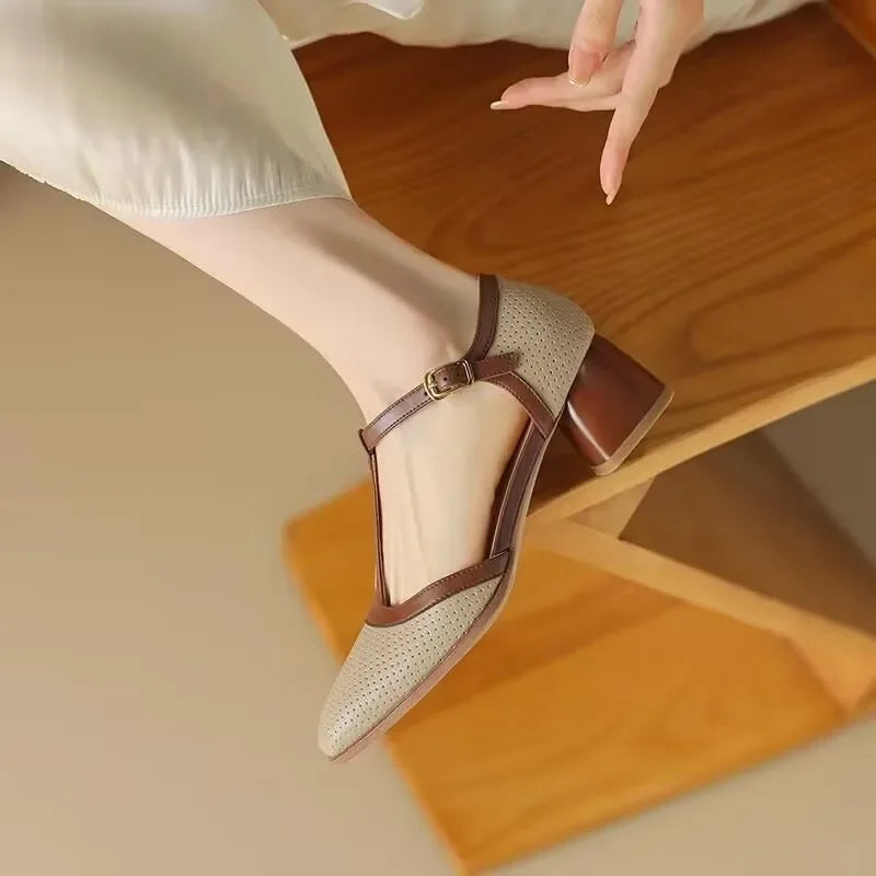 Women's Square Toe Mid-Heel Shoes with Adjustable T-Strap for All-Day Comfort