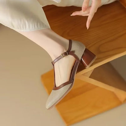 Women's Square Toe Mid-Heel Shoes with Adjustable T-Strap for All-Day Comfort