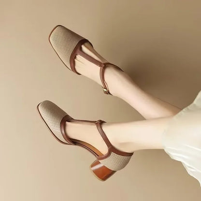 Women's Square Toe Mid-Heel Shoes with Adjustable T-Strap for All-Day Comfort