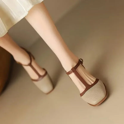 Women's Square Toe Mid-Heel Shoes with Adjustable T-Strap for All-Day Comfort