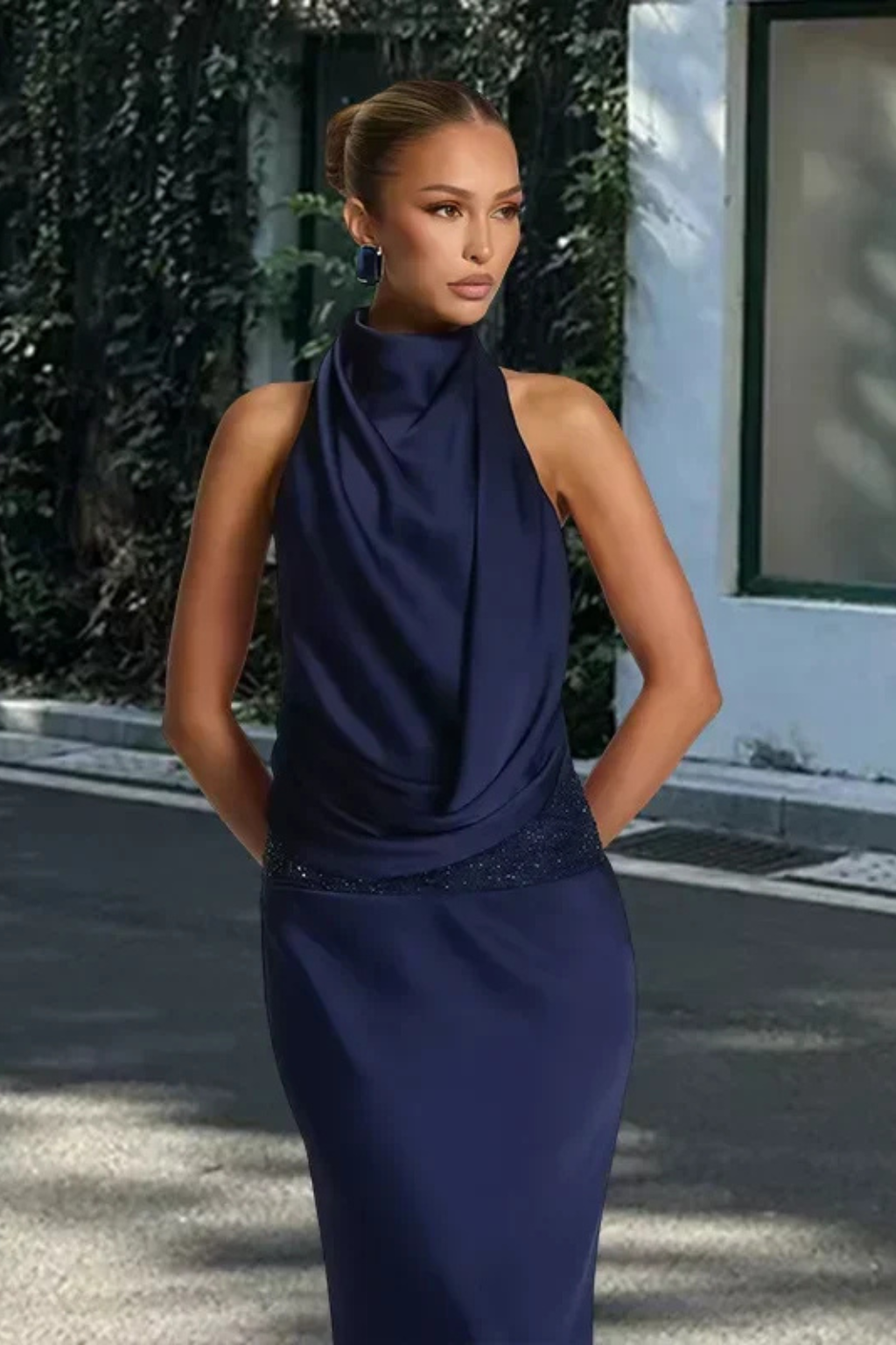 Women’s Maxi Dress with Draped Cowl Halter Neckline and Open-Back Silhouette