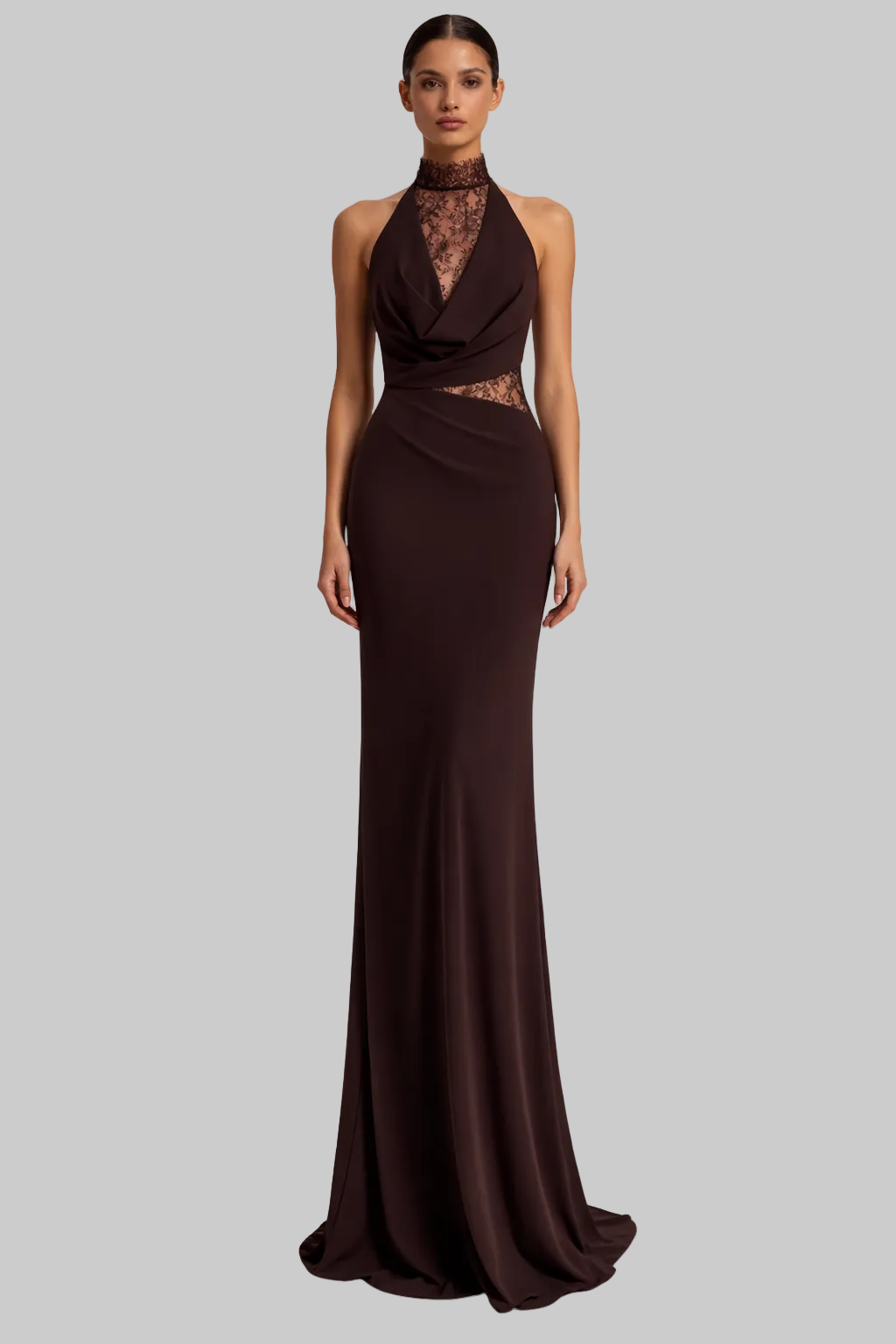 Women’s Maxi Dress with Sheer Lace Halter Neckline and Cutout Paneling