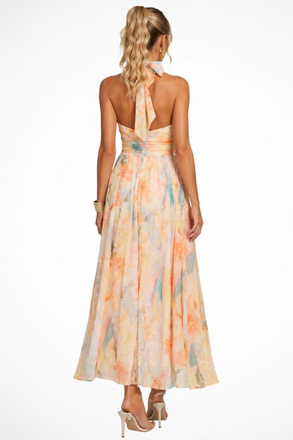 Women's Halter Neck Floral Print Wedding Guest Chiffon Maxi Dress
