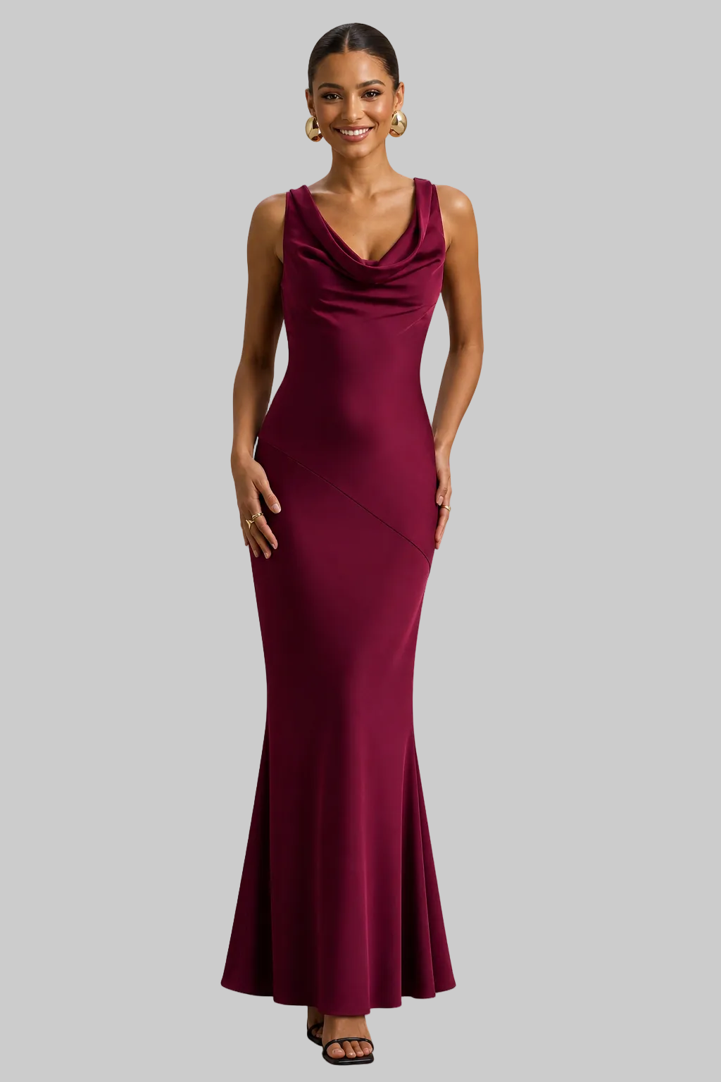 Women’s Maxi Dress Cowl Neck Sleeveless Satin Mermaid Gown
