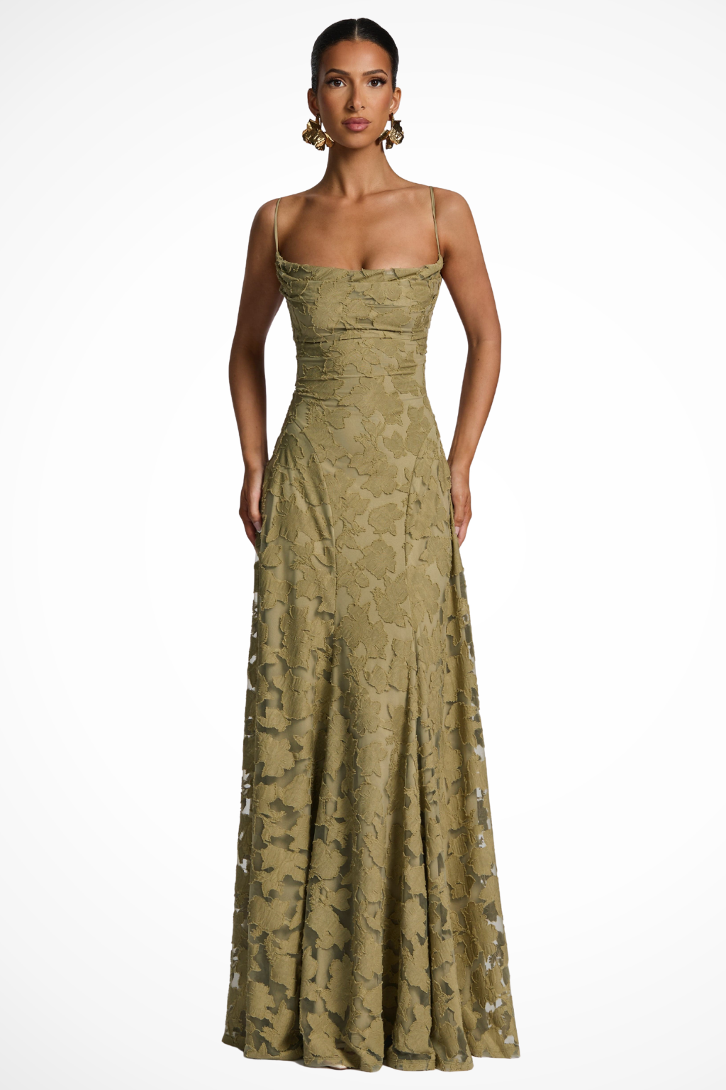 Women's Cowl Neck Floral Lace Wedding Guest Maxi Dress