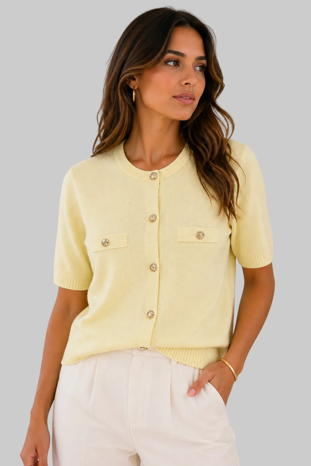 Women’s Cardigan Short Sleeve Gold Button Knit Pocket Top