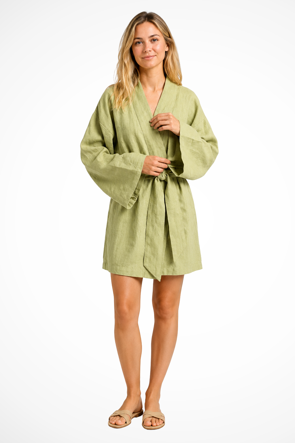 Women Tie Waist Linen Kimono Wrap Midi Dress