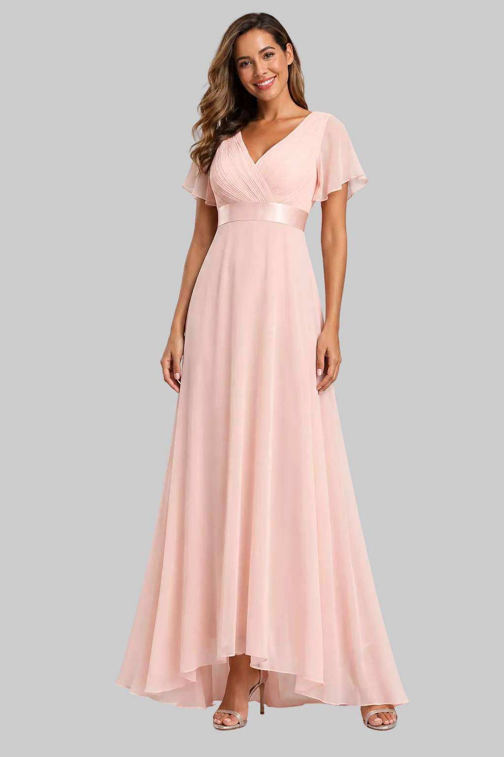 Women’s Maxi Dress Flutter Sleeve V-Neck Pleated Chiffon Gown