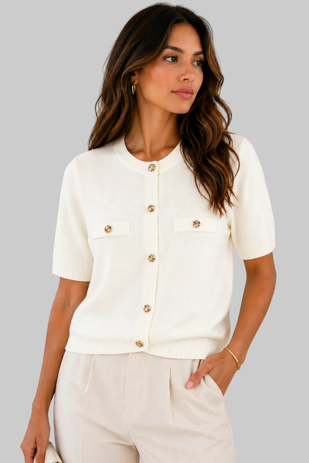 Women’s Cardigan Short Sleeve Gold Button Knit Pocket Top