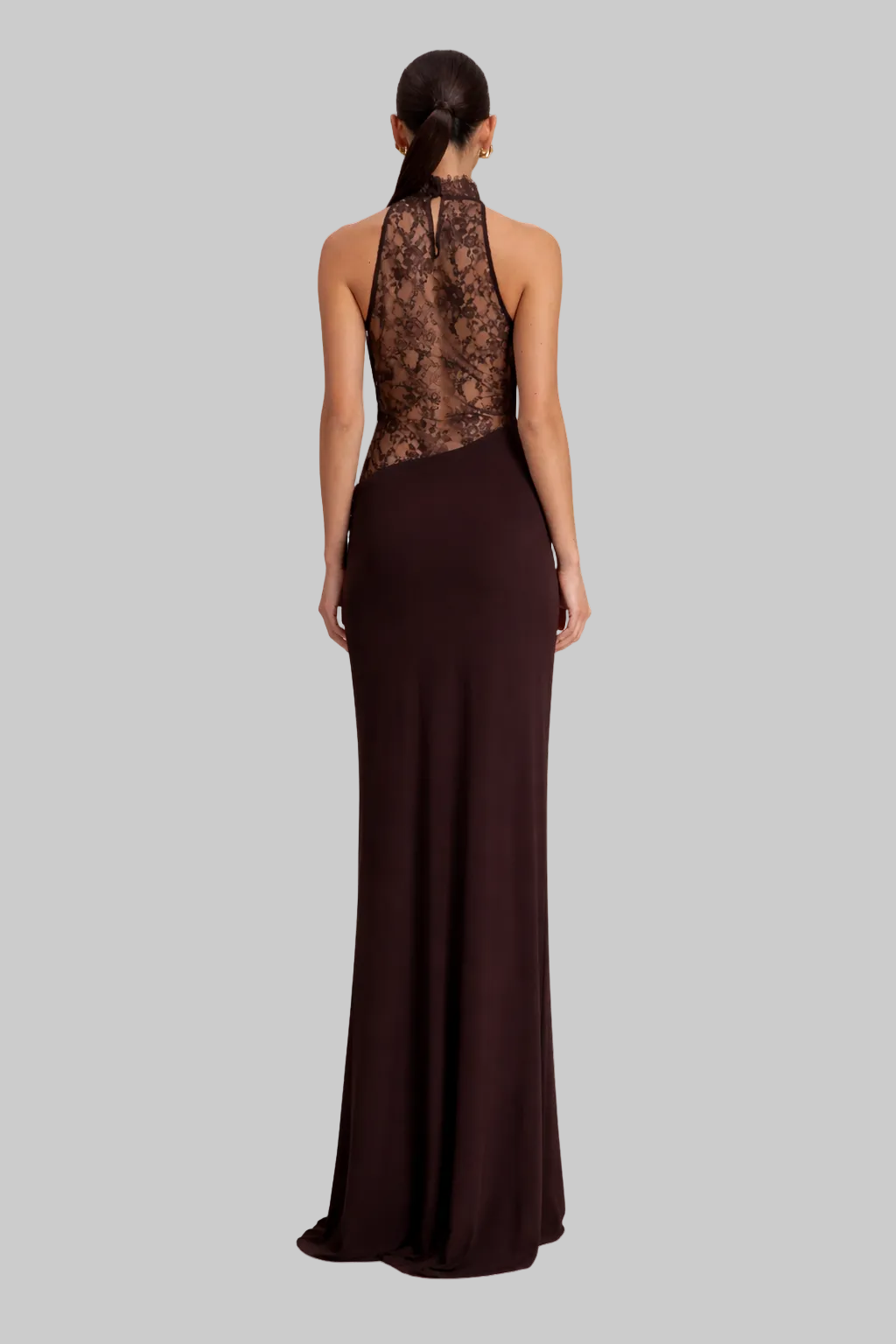 Women’s Maxi Dress with Sheer Lace Halter Neckline and Cutout Paneling
