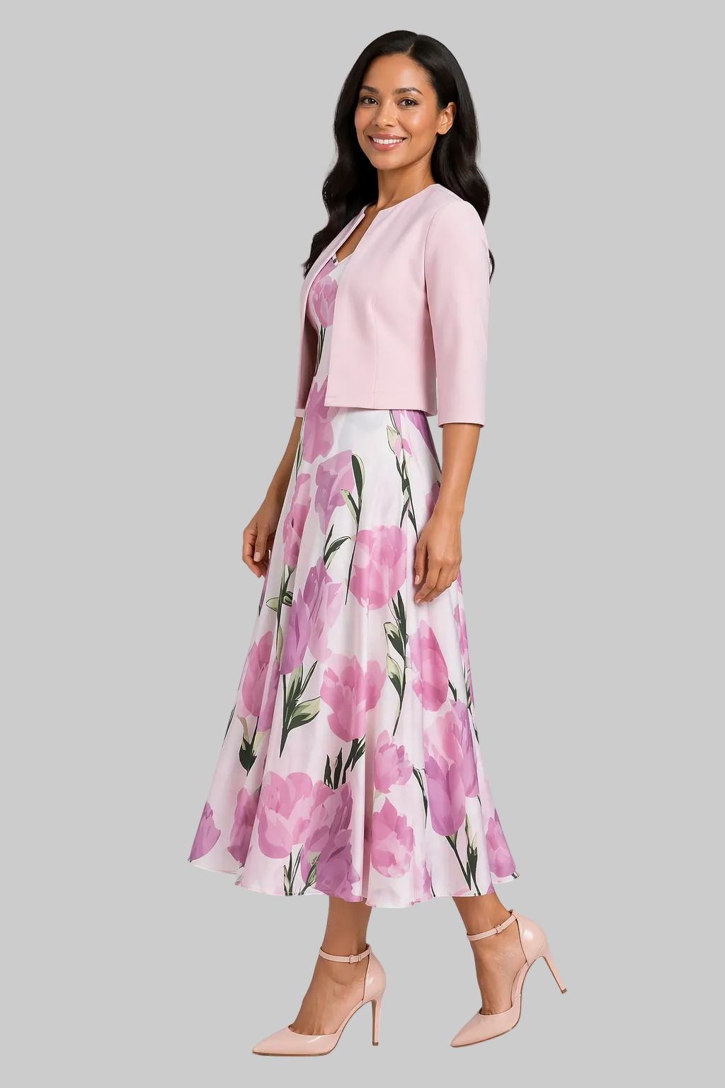 Women’s Two-Piece Set Floral Midi Dress and Cropped Bolero Jacket