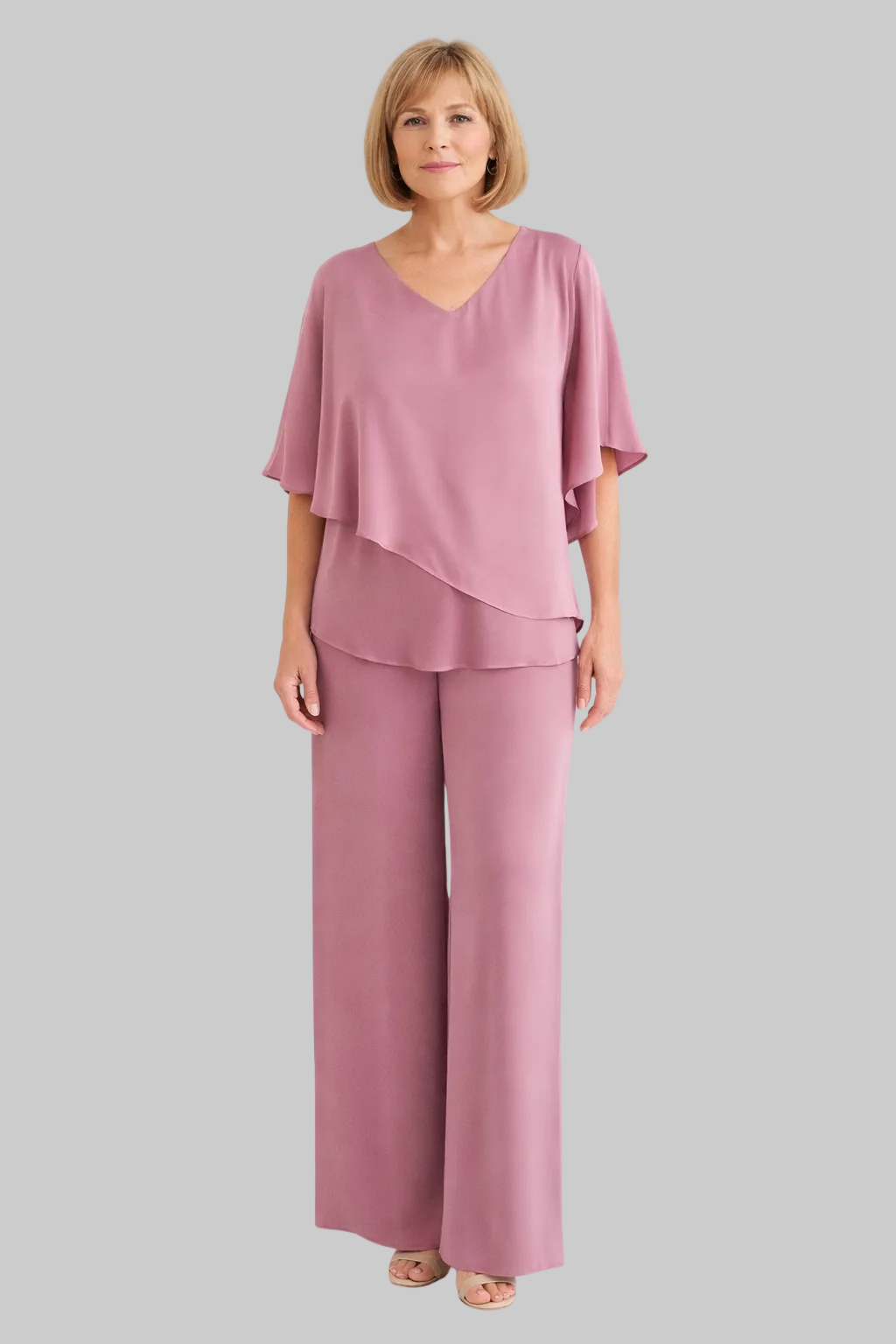 Women’s Two-Piece Set with Asymmetric Tiered Top and Wide-Leg Trousers
