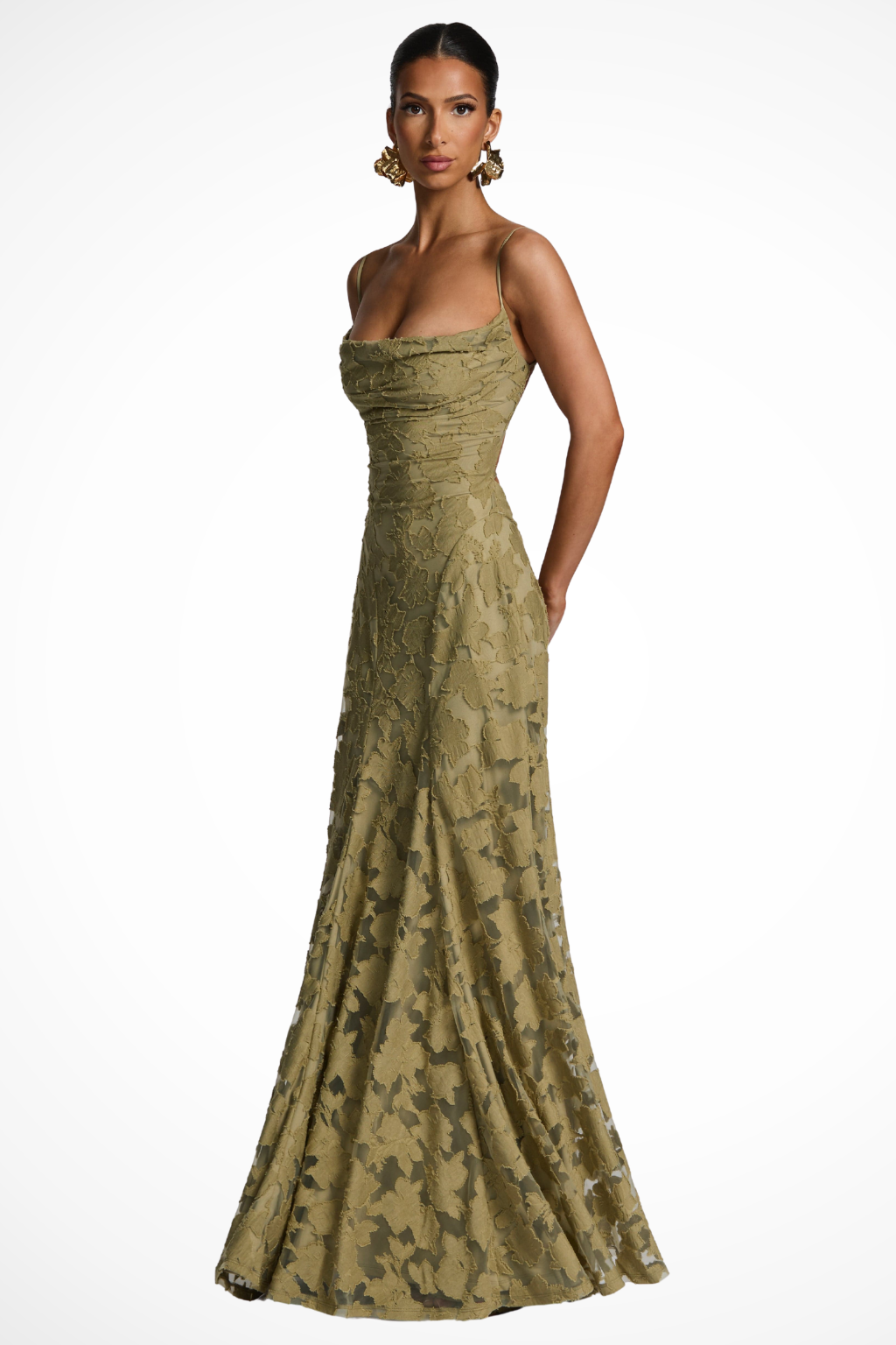 Women's Cowl Neck Floral Lace Wedding Guest Maxi Dress