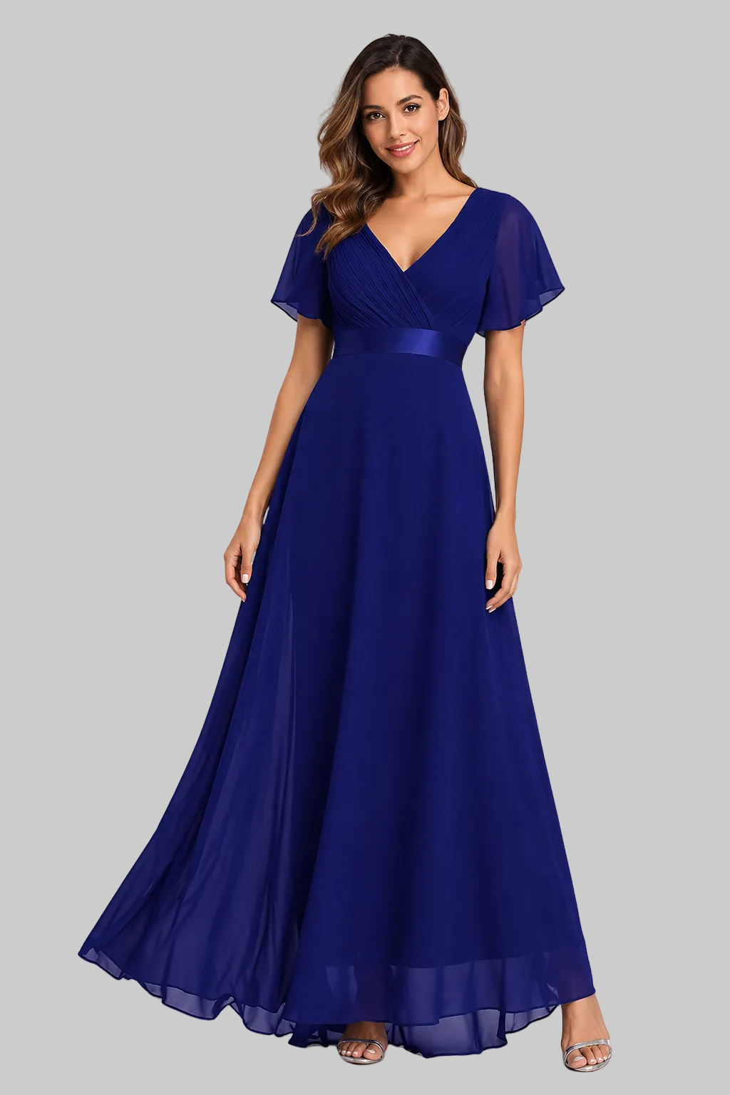 Women’s Maxi Dress Flutter Sleeve V-Neck Pleated Chiffon Gown