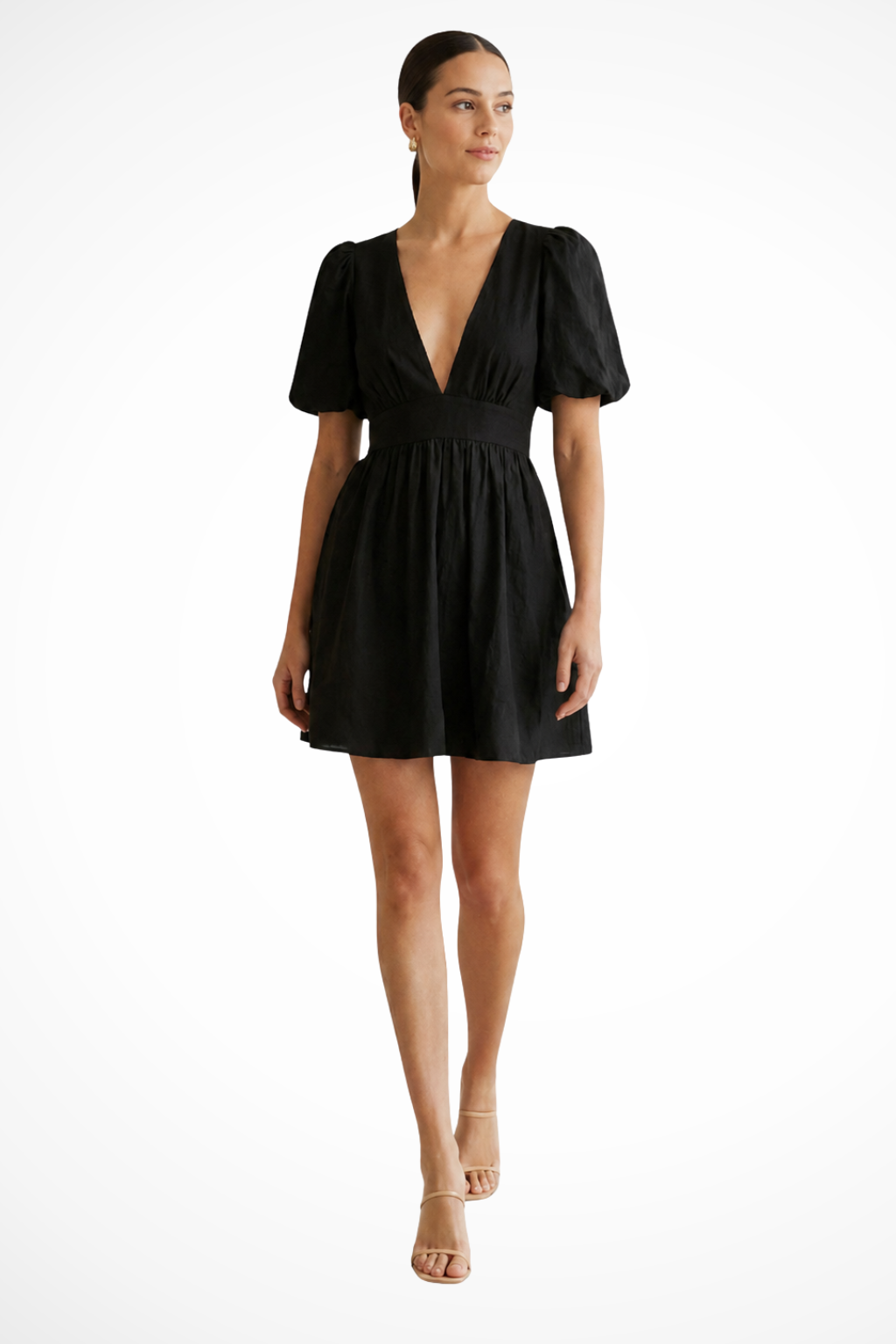 Hattie | Women V Neck Puff Sleeve Linen Mini Dress