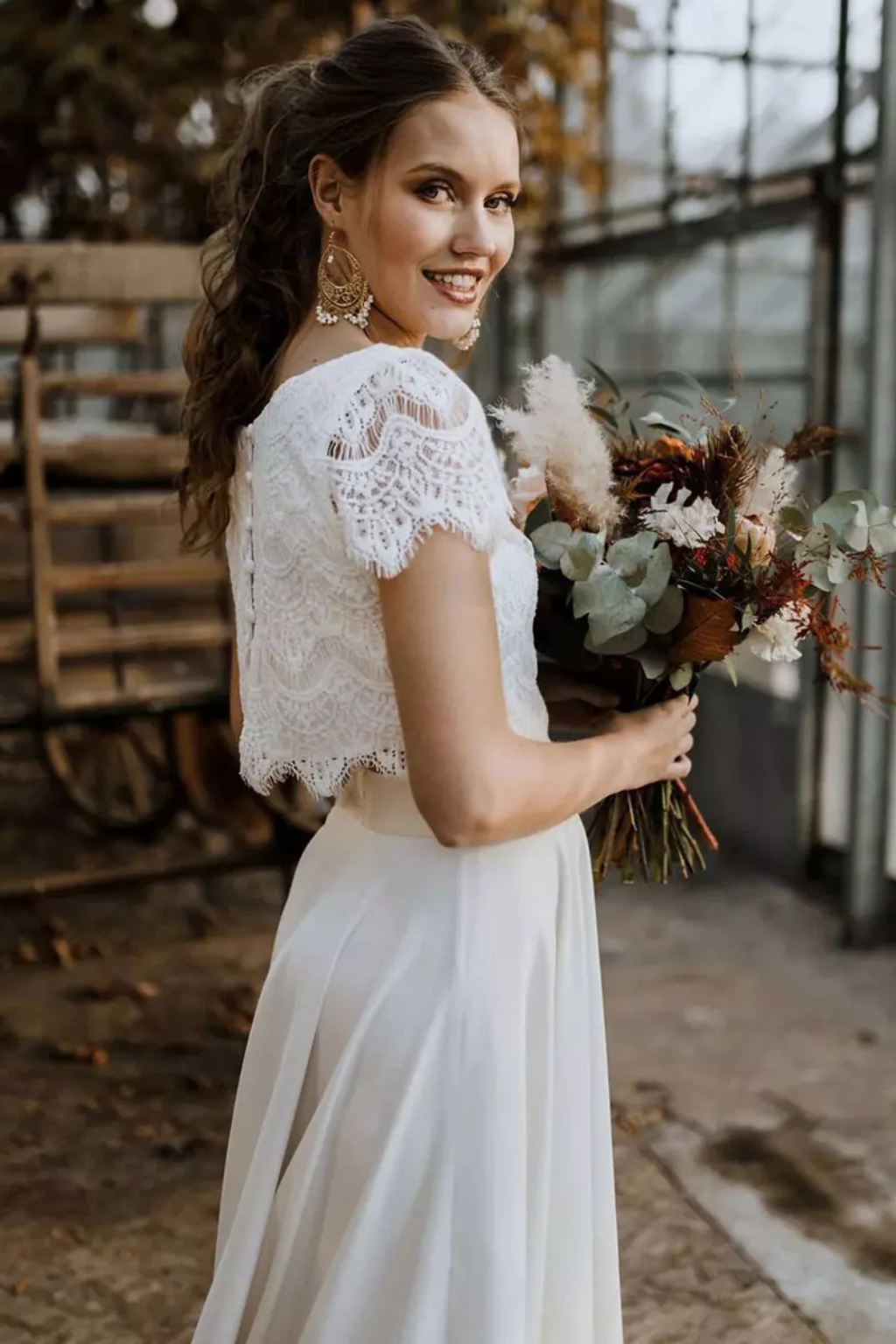 Women’s Two-Piece Set Lace Crop Top High Low Maxi Skirt Gown
