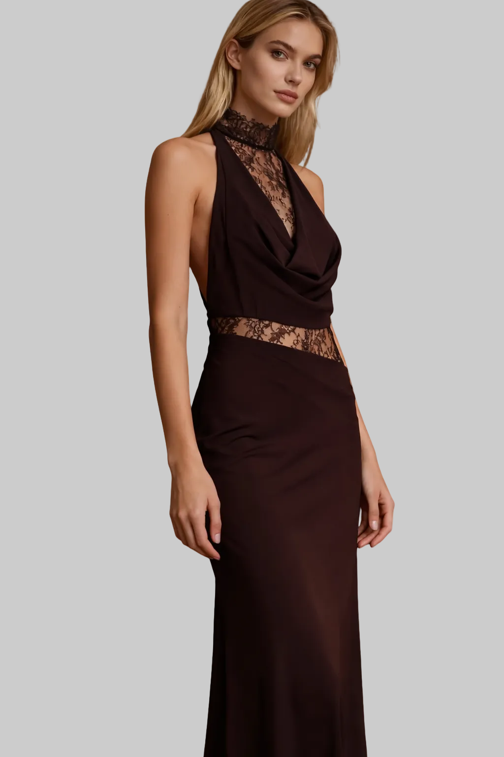 Women’s Maxi Dress with Sheer Lace Halter Neckline and Cutout Paneling