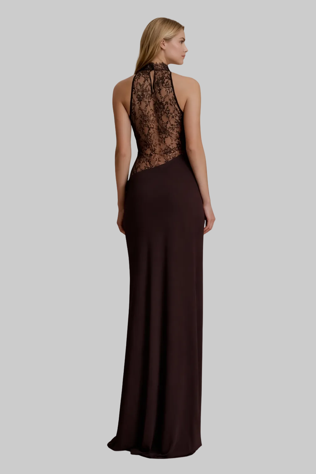 Women’s Maxi Dress with Sheer Lace Halter Neckline and Cutout Paneling