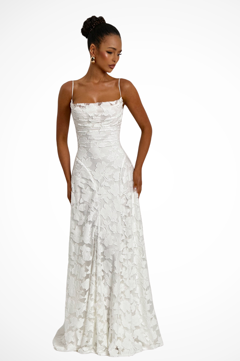 Women's Cowl Neck Floral Lace Wedding Guest Maxi Dress