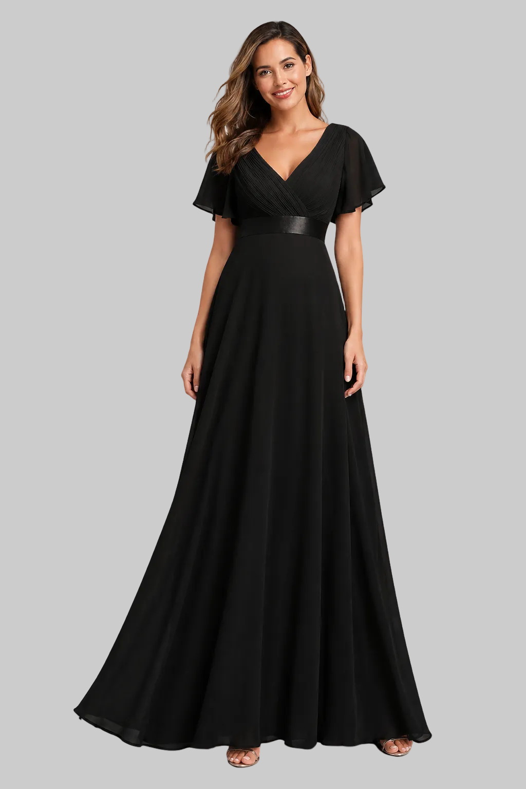Women’s Maxi Dress Flutter Sleeve V-Neck Pleated Chiffon Gown