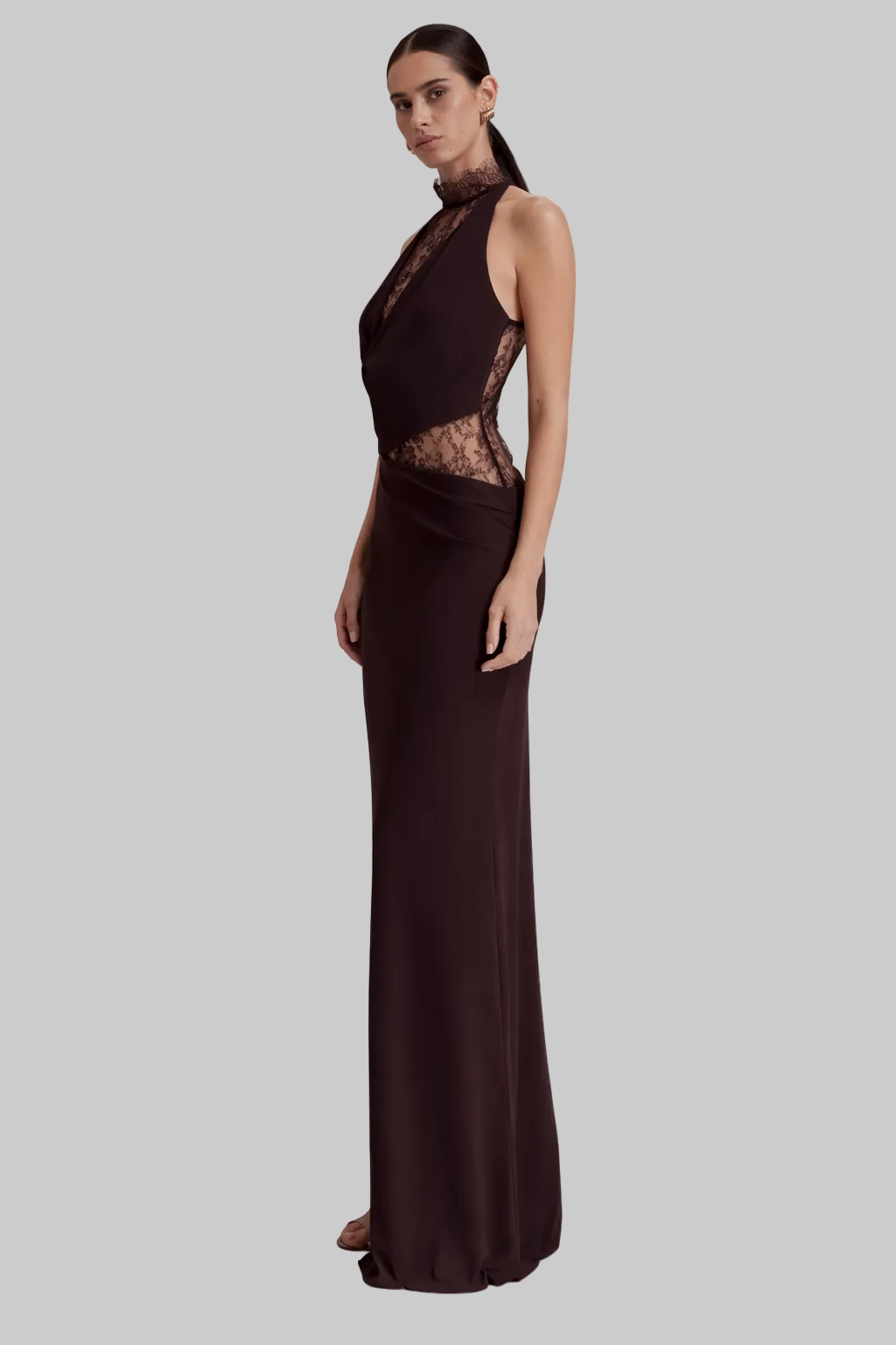 Women’s Maxi Dress with Sheer Lace Halter Neckline and Cutout Paneling