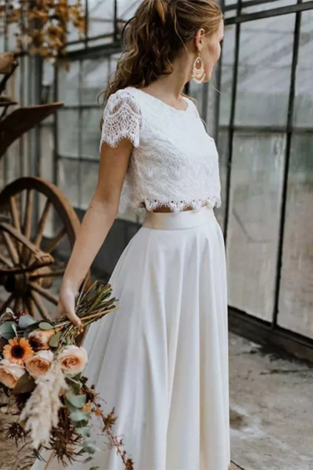Women’s Two-Piece Set Lace Crop Top High Low Maxi Skirt Gown