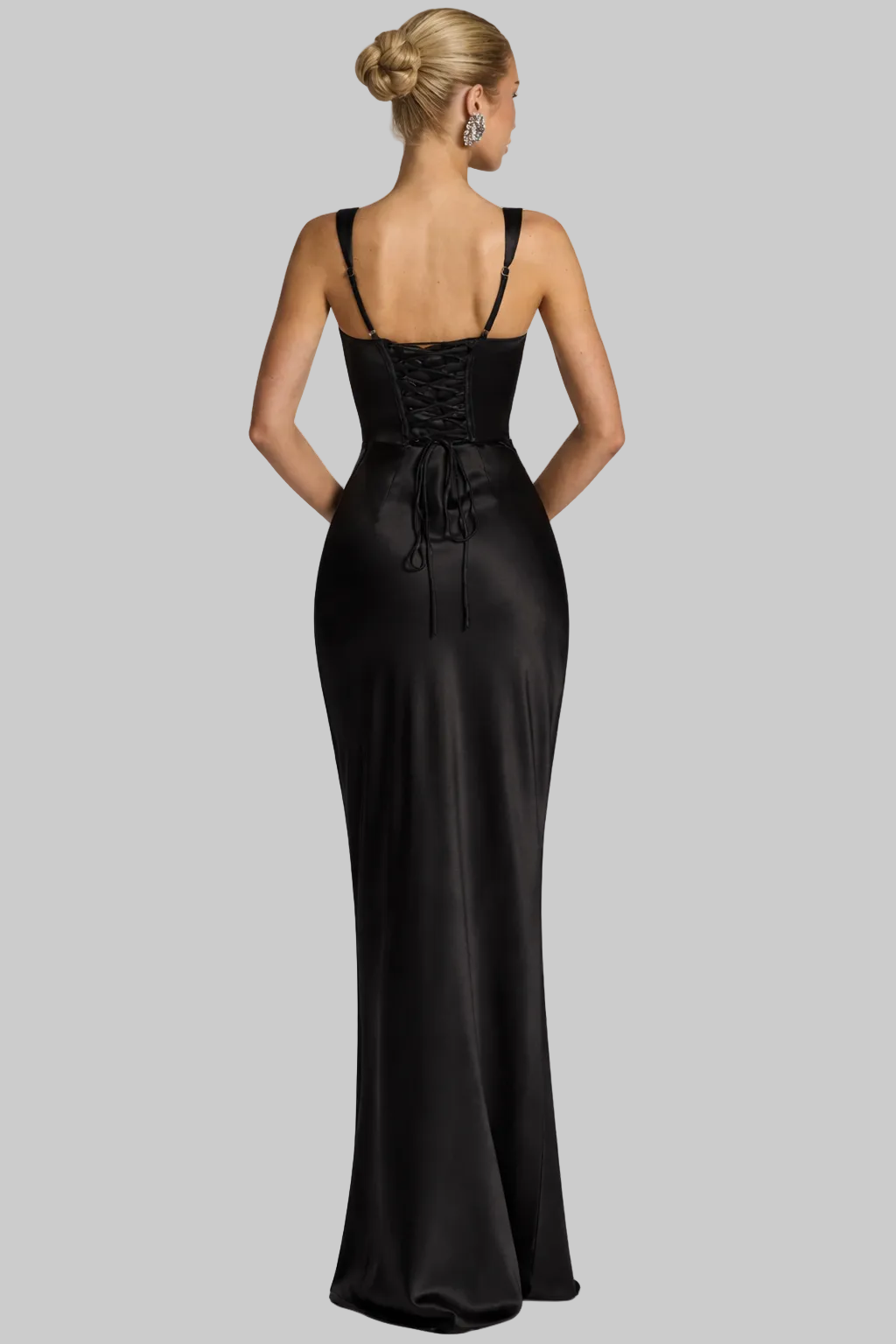 Women’s Maxi Dress with Attached Chiffon Neck Scarf and Ruched Satin Bodice