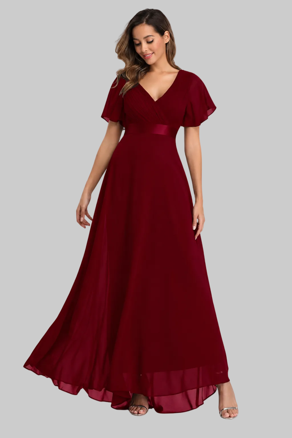 Women’s Maxi Dress Flutter Sleeve V-Neck Pleated Chiffon Gown