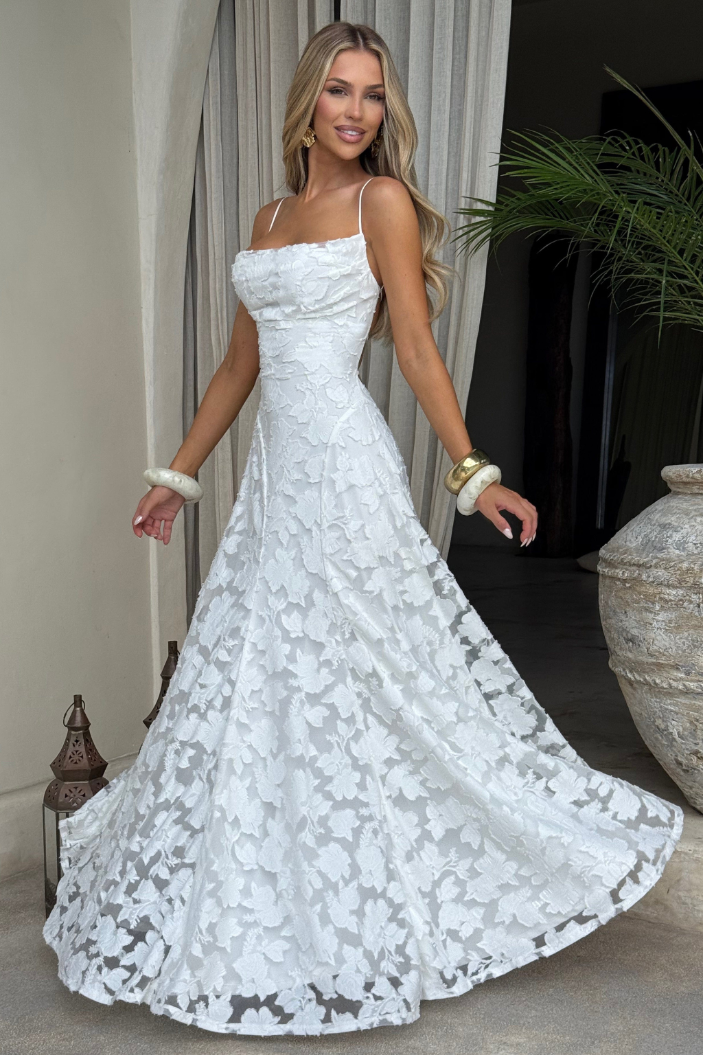 Women's Cowl Neck Floral Lace Wedding Guest Maxi Dress