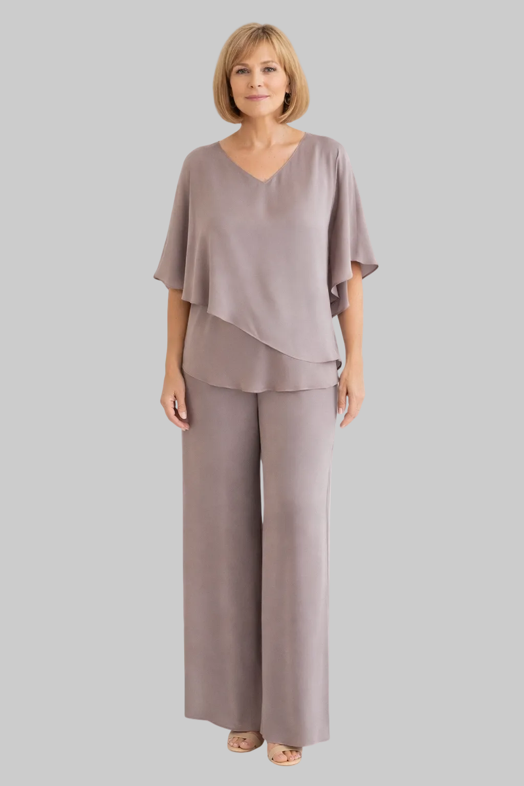Women’s Two-Piece Set with Asymmetric Tiered Top and Wide-Leg Trousers