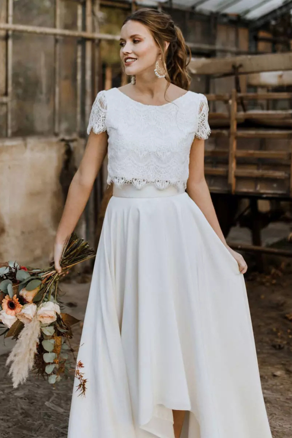 Women’s Two-Piece Set Lace Crop Top High Low Maxi Skirt Gown