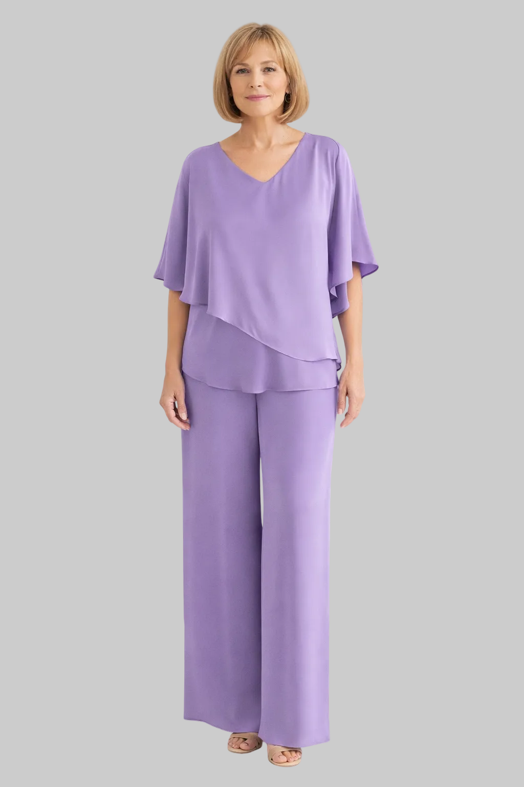 Women’s Two-Piece Set with Asymmetric Tiered Top and Wide-Leg Trousers