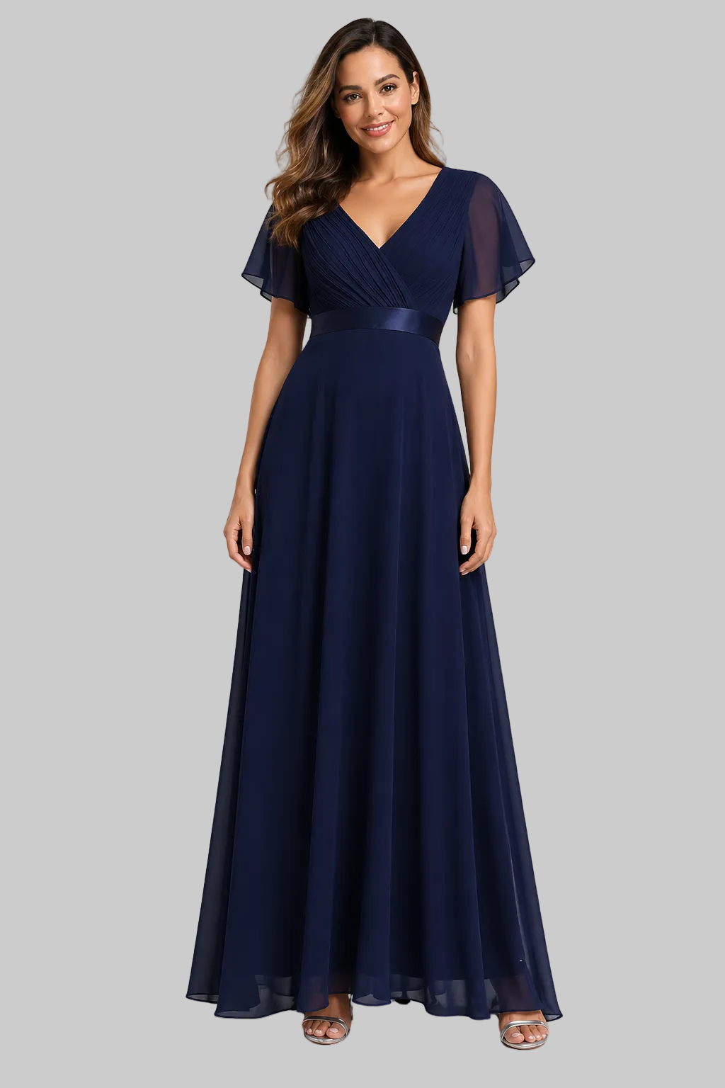 Women’s Maxi Dress Flutter Sleeve V-Neck Pleated Chiffon Gown