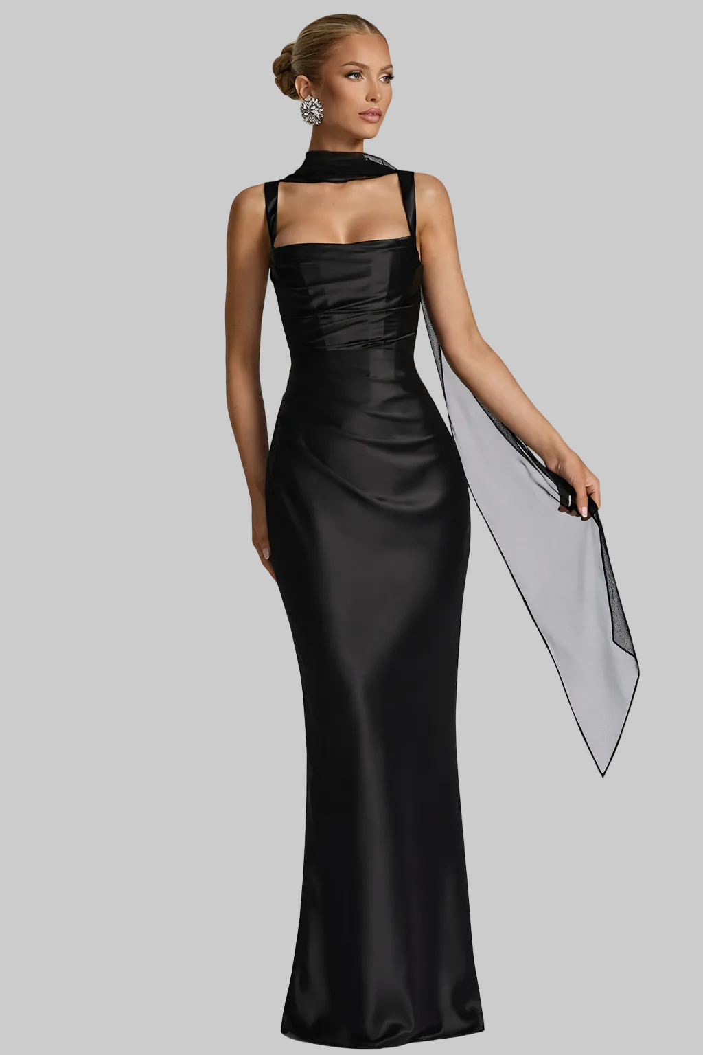 Women’s Maxi Dress with Attached Chiffon Neck Scarf and Ruched Satin Bodice