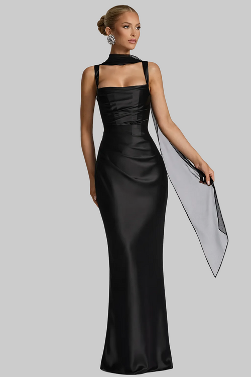 Women’s Maxi Dress with Attached Chiffon Neck Scarf and Ruched Satin Bodice