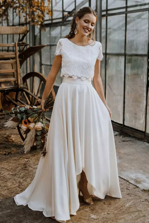 Women’s Two-Piece Set Lace Crop Top High Low Maxi Skirt Gown