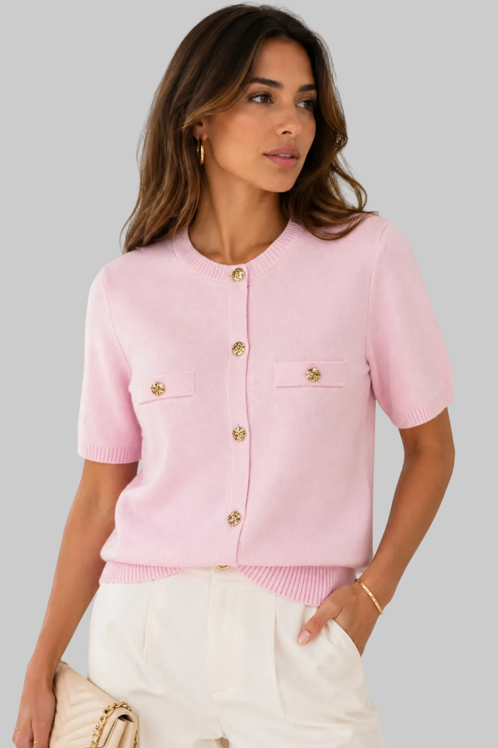 Women’s Cardigan Short Sleeve Gold Button Knit Pocket Top